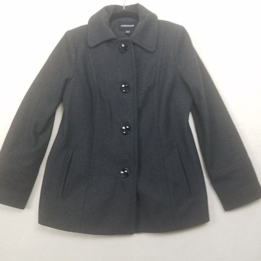 London Fog Charcoal Gray 4 Button Up Wool blend Pea Coat Jacket Women‎ M lined